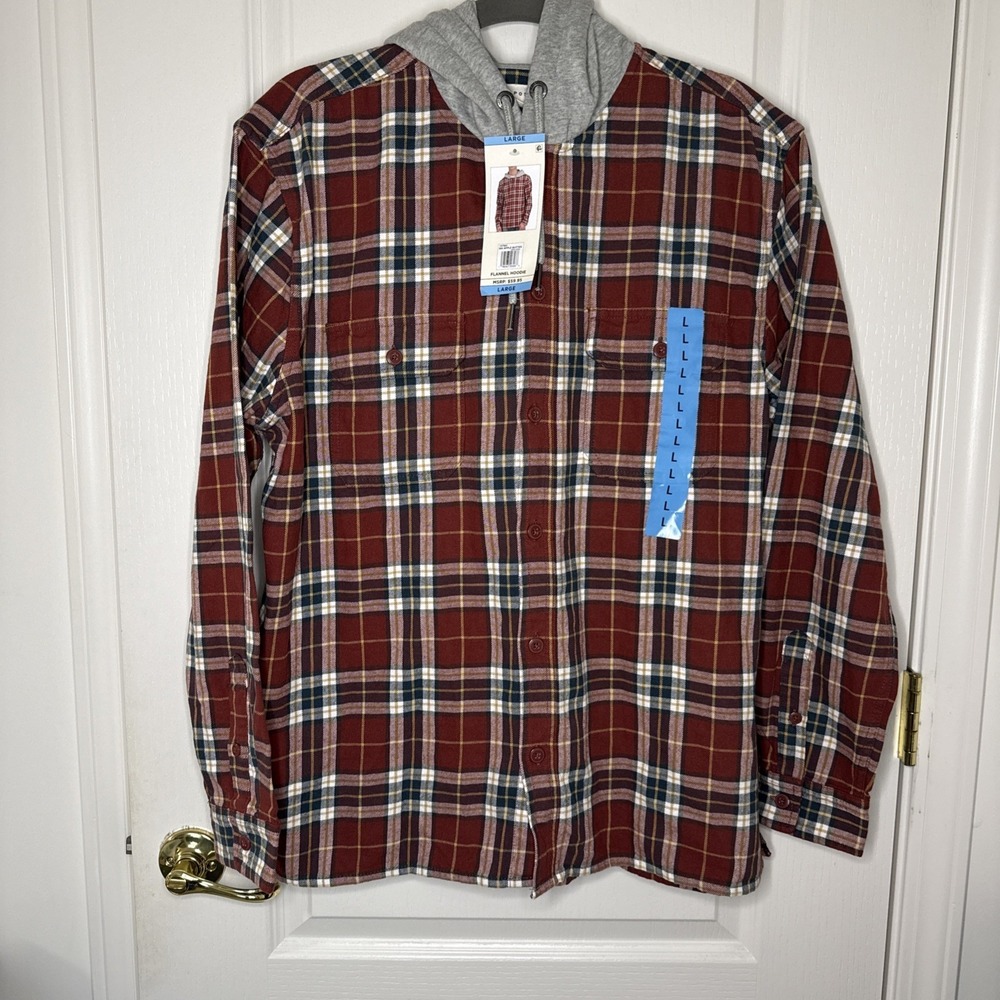 NWT Aeropostale Flannel Hoodie Mens L Apple Butter Plaid Button Down $59 MSRP